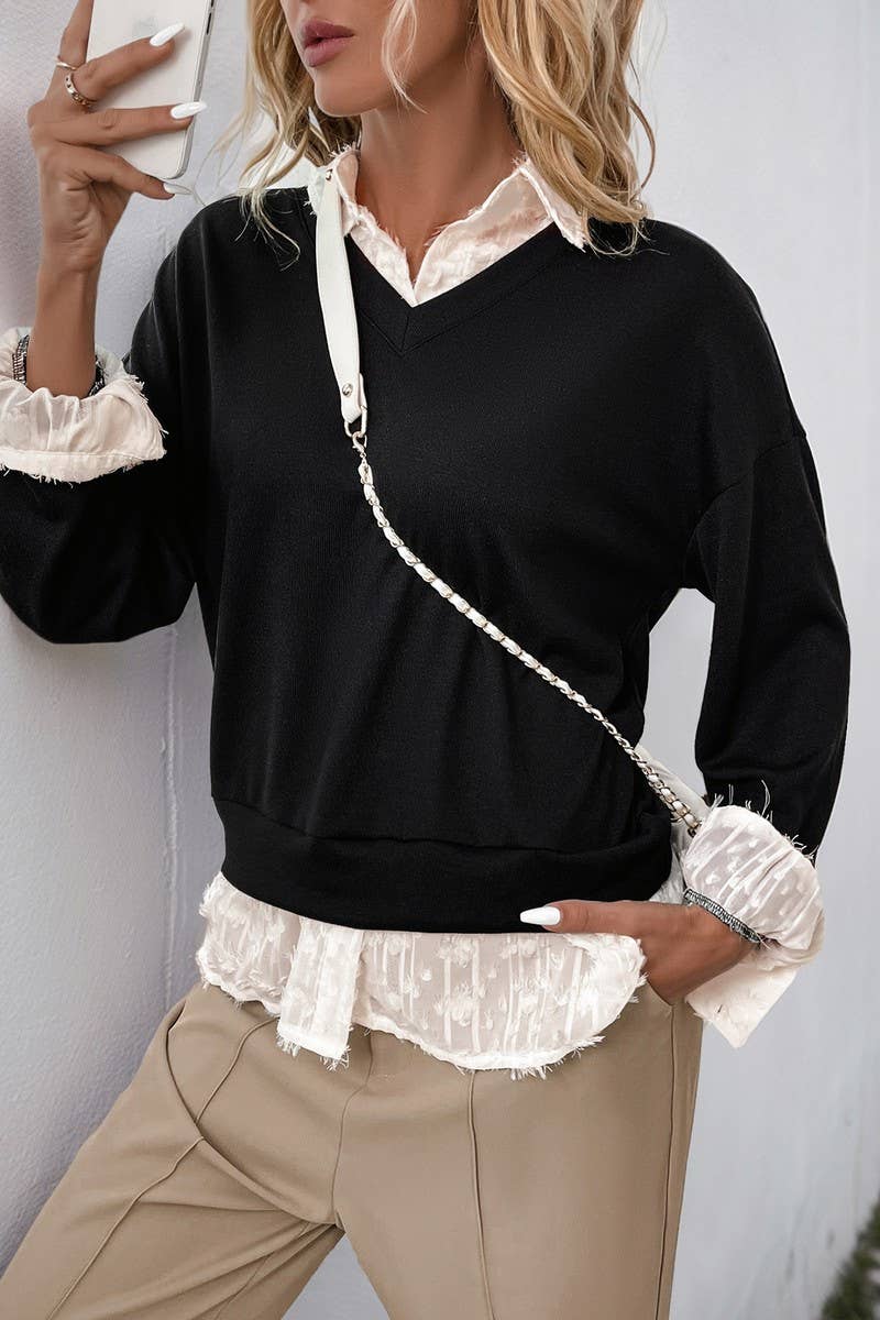 CWTBLL3738_CASUAL LAPEL STITCHING FAKE TWO-PIECE SWEATSHIRT