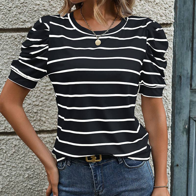 Casual Lamb Leg Sleeve Striped Crewneck T-Shirt