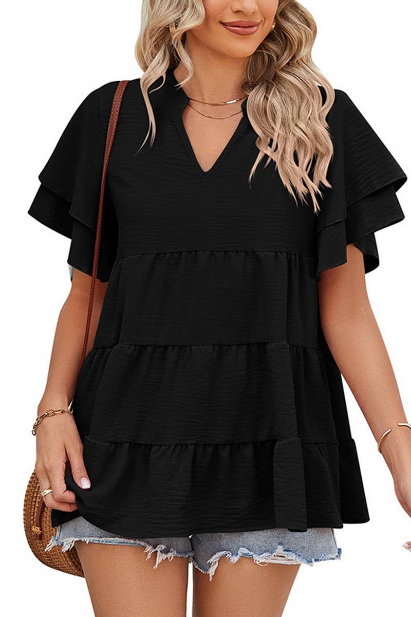 CWTBLS1602_V-NECK DOUBLE-SLEEVE SWEET BABYDOLL SHIRT TOP