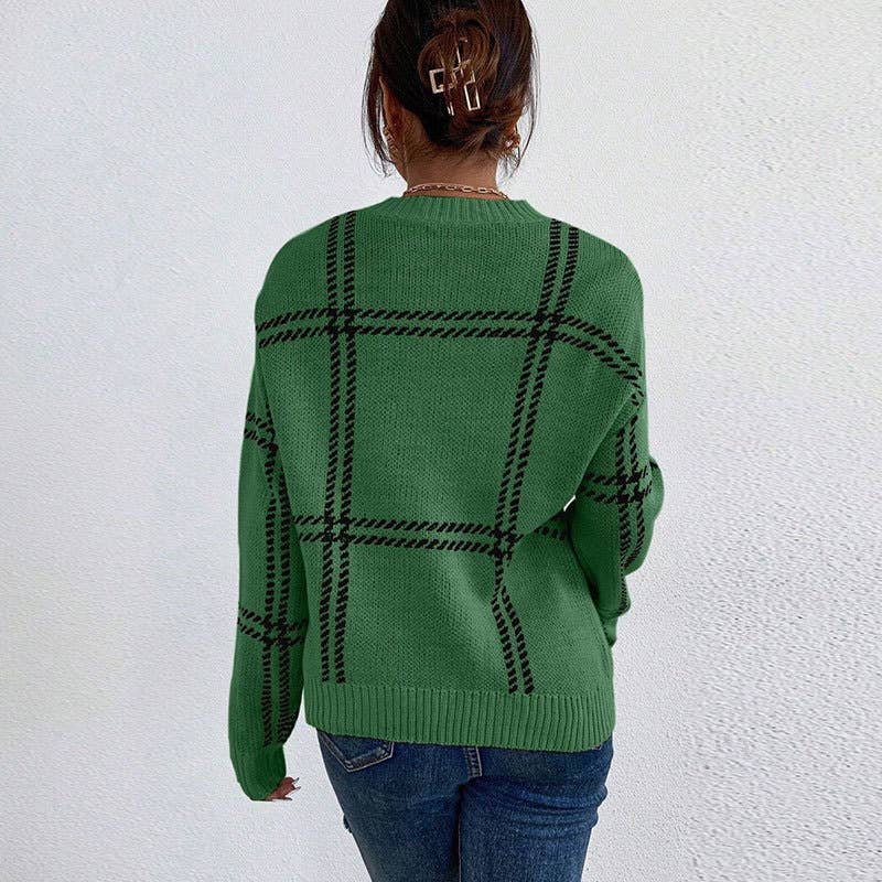 Checkered color-blocked round-neck sweater