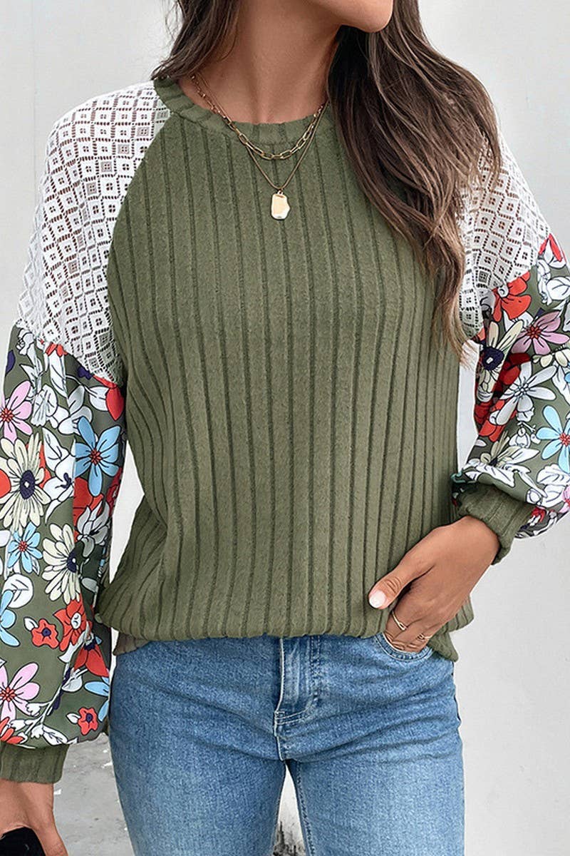 CWOSWL6839_NEW ROUND NECK FLORAL PATTERN COLORBLOCK SWEATER