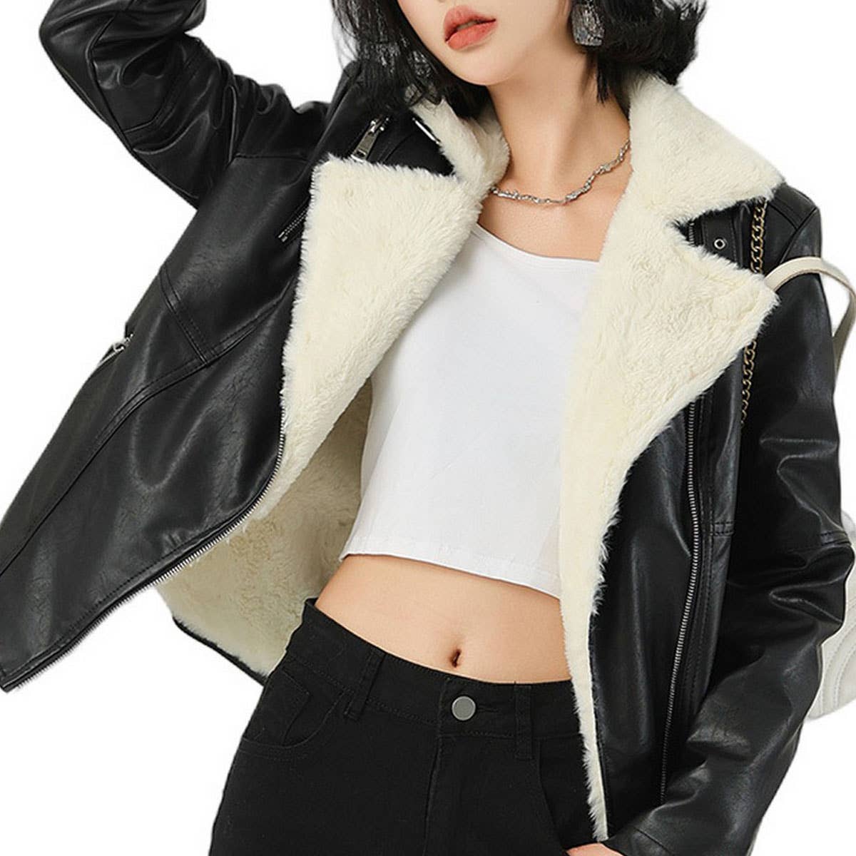 Fleece-Lined PU Jacket ?Winter Short Leather Coat