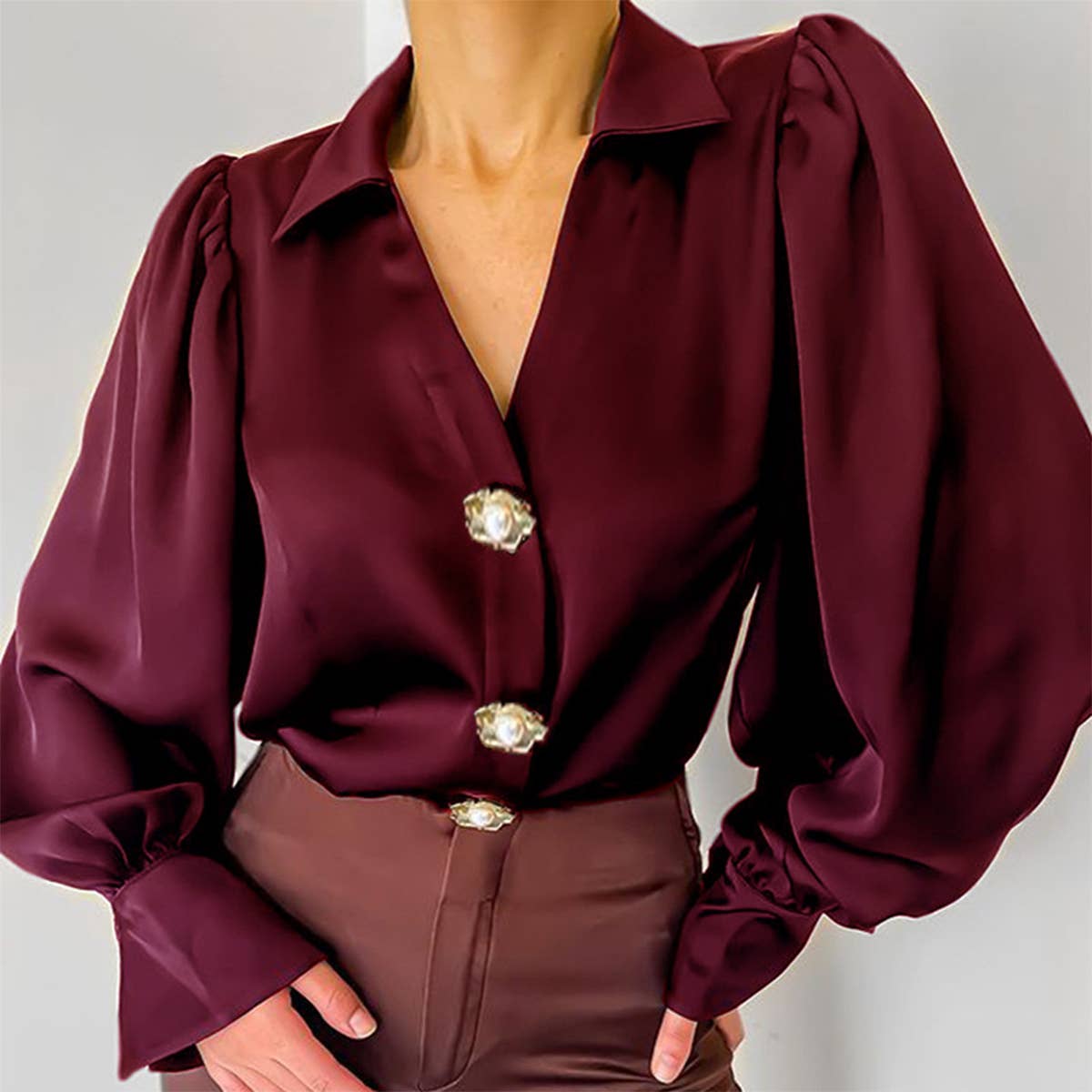 DESIGN SENSE SATIN SHIRT WITH LANTERN SLEEVES