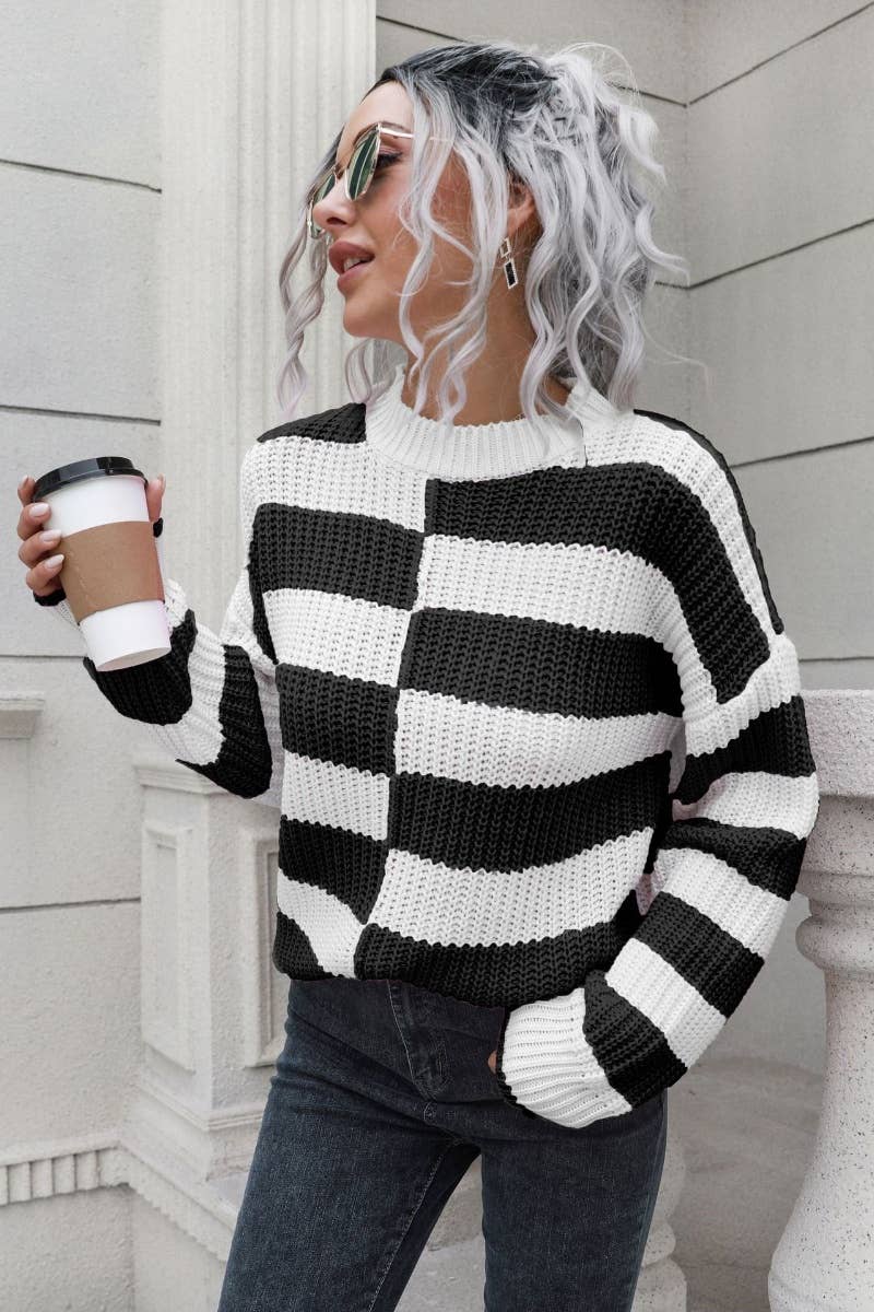 CWOSWL6405_WINTER STRIPED PLAID LONG-SLEEVED SWEATER