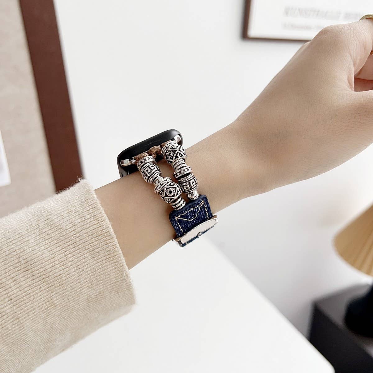 IWATCH9-1 TIBETAN SILVER DENIM LEATHER STRAP
