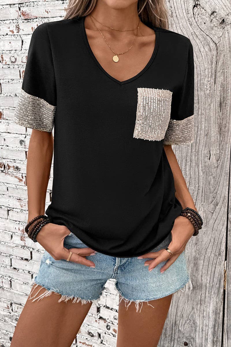 CWTBLS1993_CASUAL BLACK & WHITE COLORBLOCK SEQUIN T-SHIRT