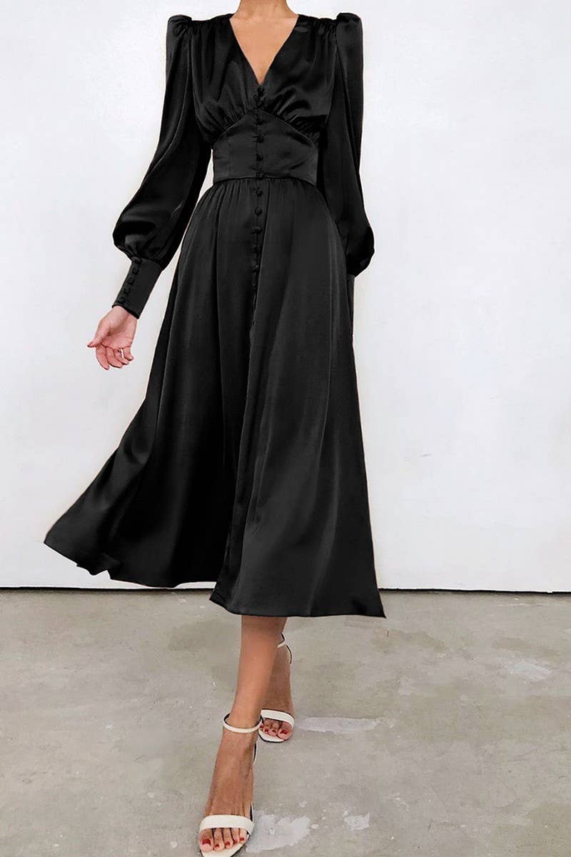 CWDMD4255_V-NECK SATIN PALACE RETRO LONG SLEEVE DRESS