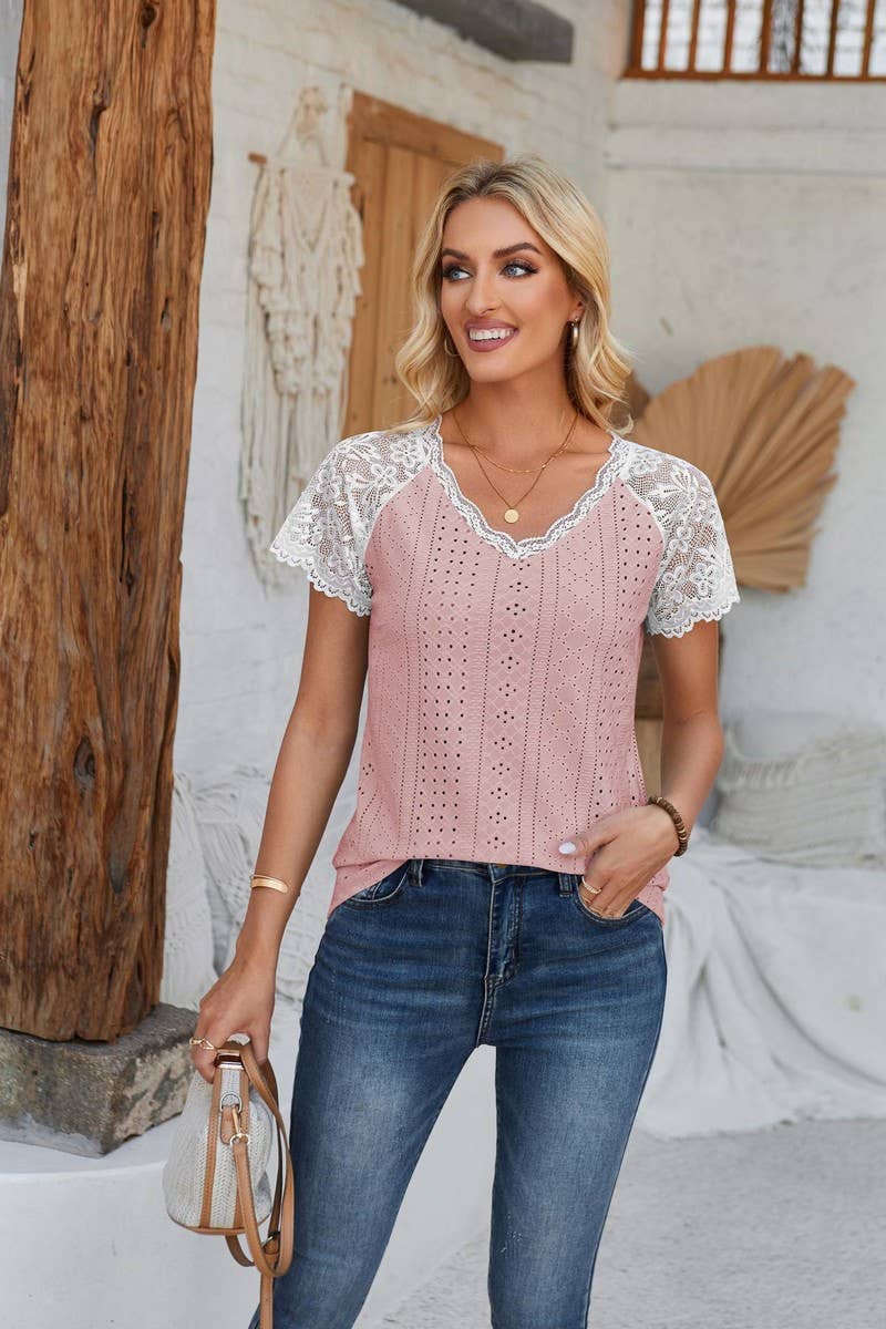 CWTTS00707_SUMMER LACE PATCHWORK SHORT-SLEEVED T-SHIRT