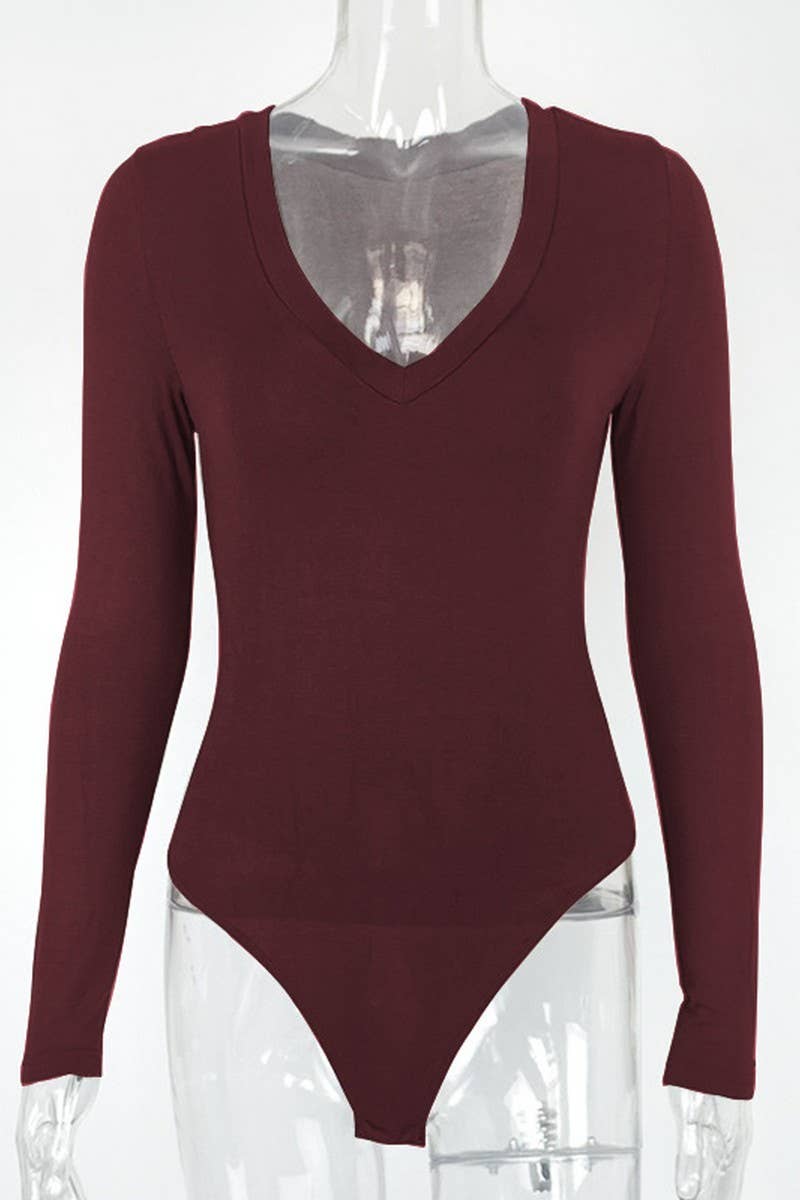 CWSJS1373_NEW SEXY LONG SLEEVE V-NECK SLIM BODYSUIT