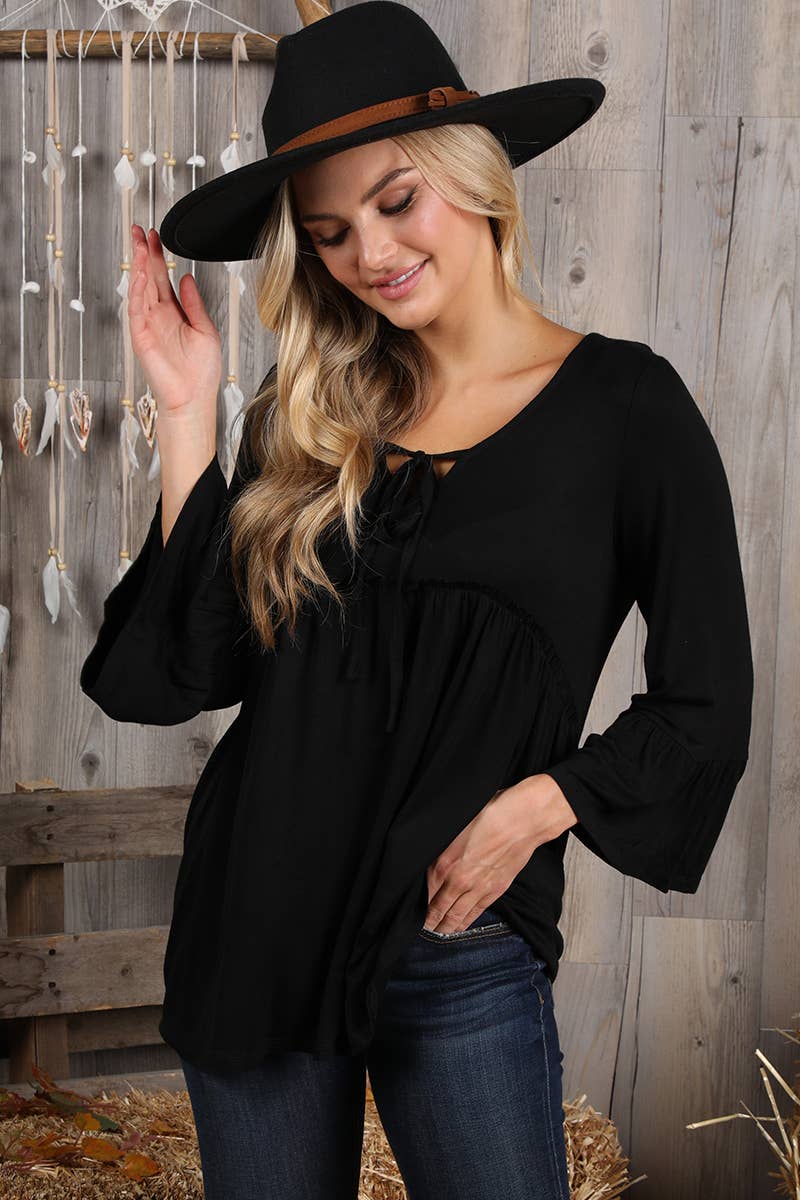 CWTTL1401_3/4 SLEEVE WITH NECK STRING DETAILED TOP