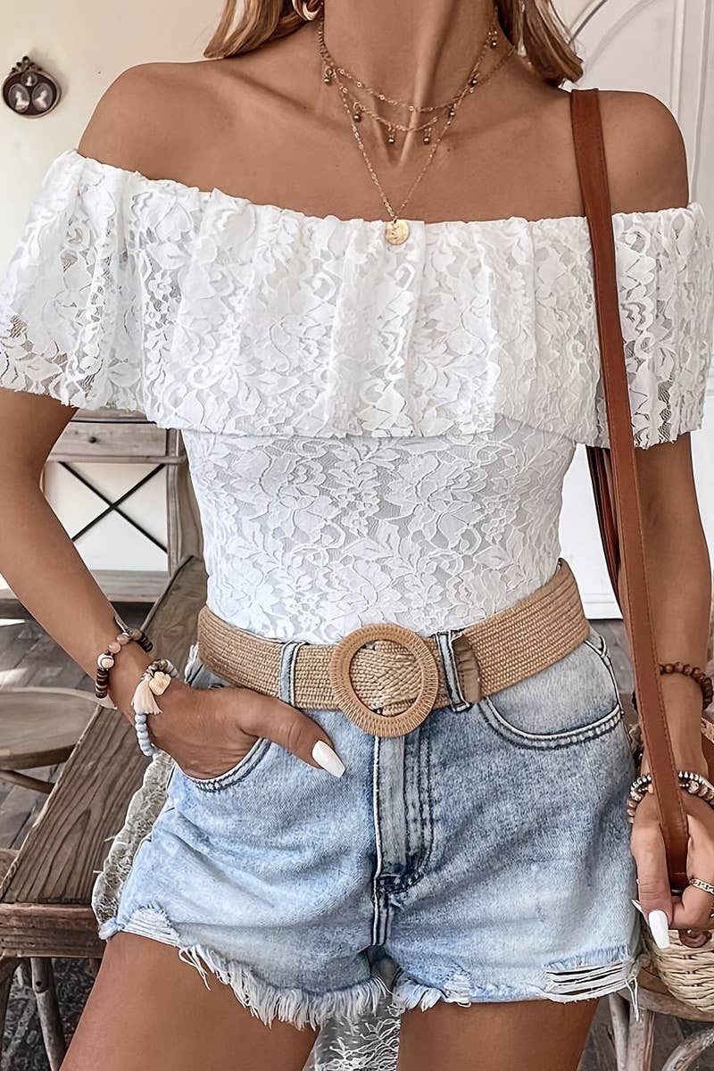 CWTBLS1529_OFF-SHOULDER RUFFLED LACE SHORT-SLEEVED TOP
