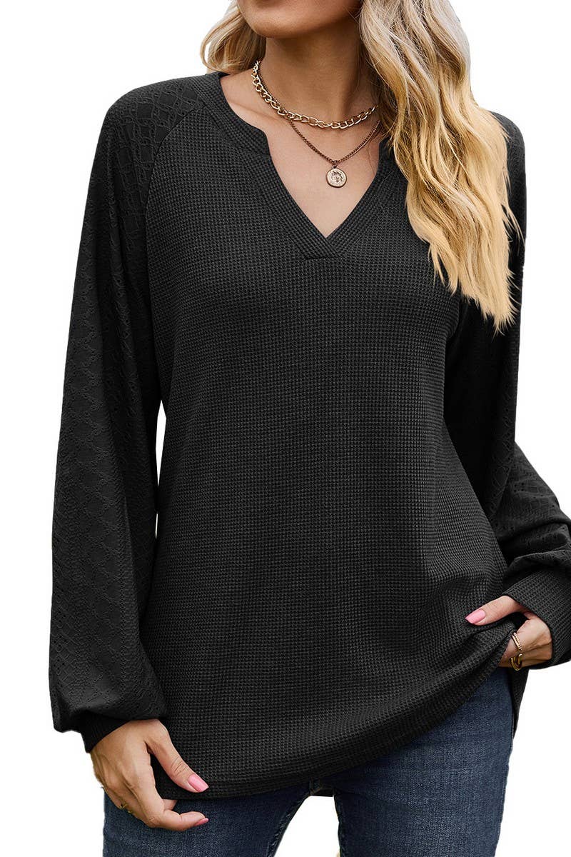CWTBLL01313_V NECK WAFFLE KNIT SOLID LONG SLEEVE LOOSE TEE