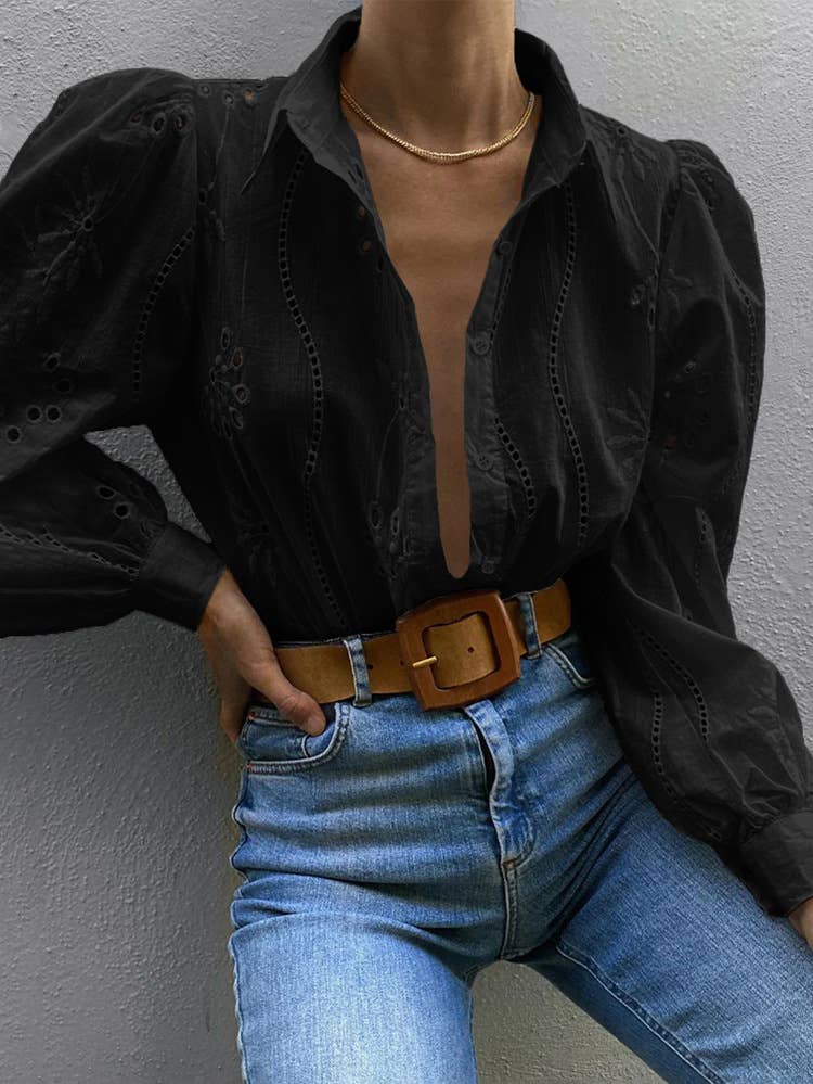 CASUAL FASHION HOLLOW BUBBLE SLEEVE CARDIGAN