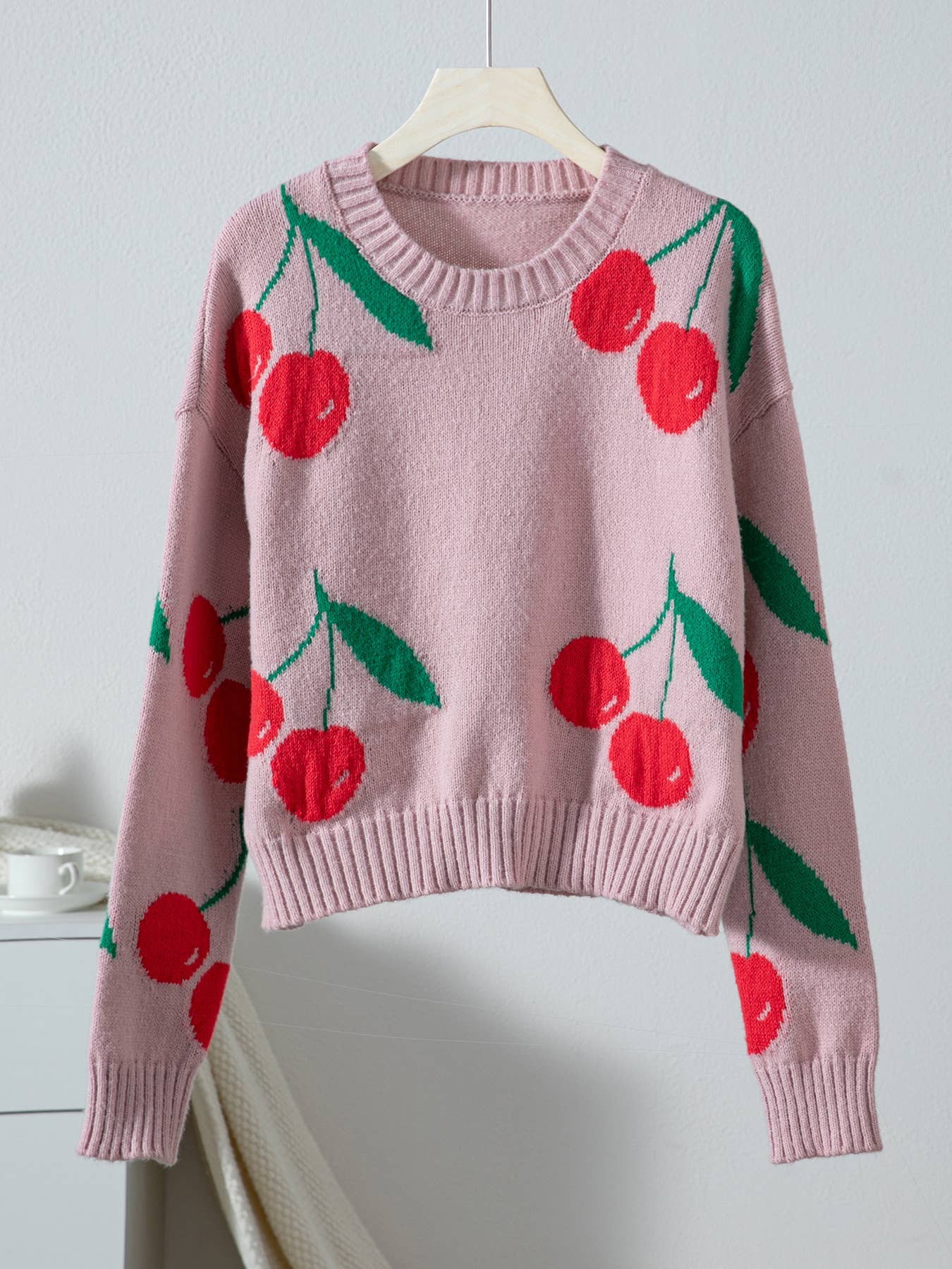 Cherry jacquard loose long sleeve knitted sweater