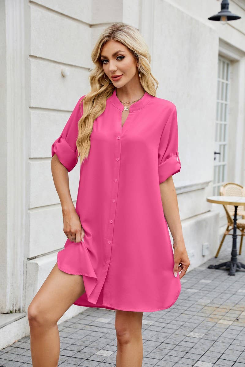 CWTDSS0073_SOLID LOOSE FIT MID SLEEVE BUTTON SHIRT DRESS
