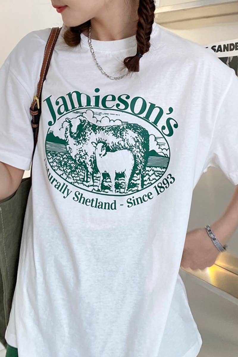 CWTTS1003_LAMB PRINT ROUND NECK SHORT SLEEVED T SHIRT