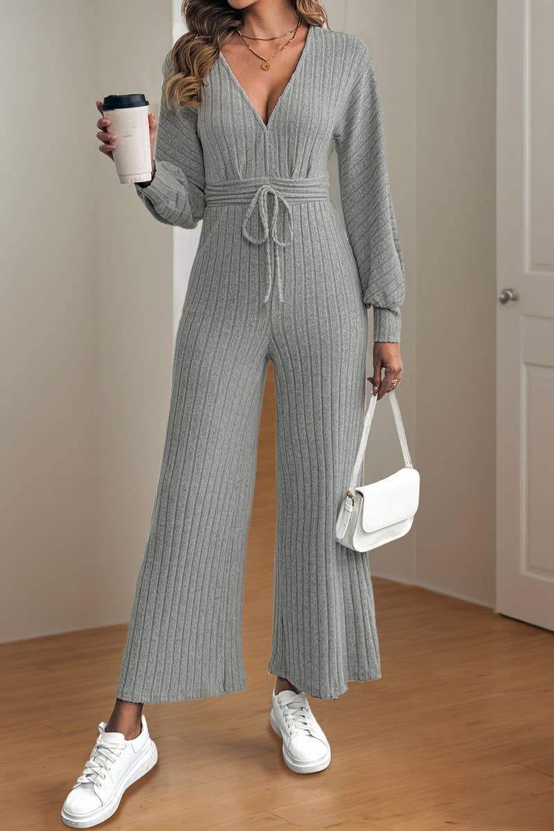 CWSJS1398_V-NECK SOLID COLOR HIGH WAIST WIDE LEG JUMPSUIT