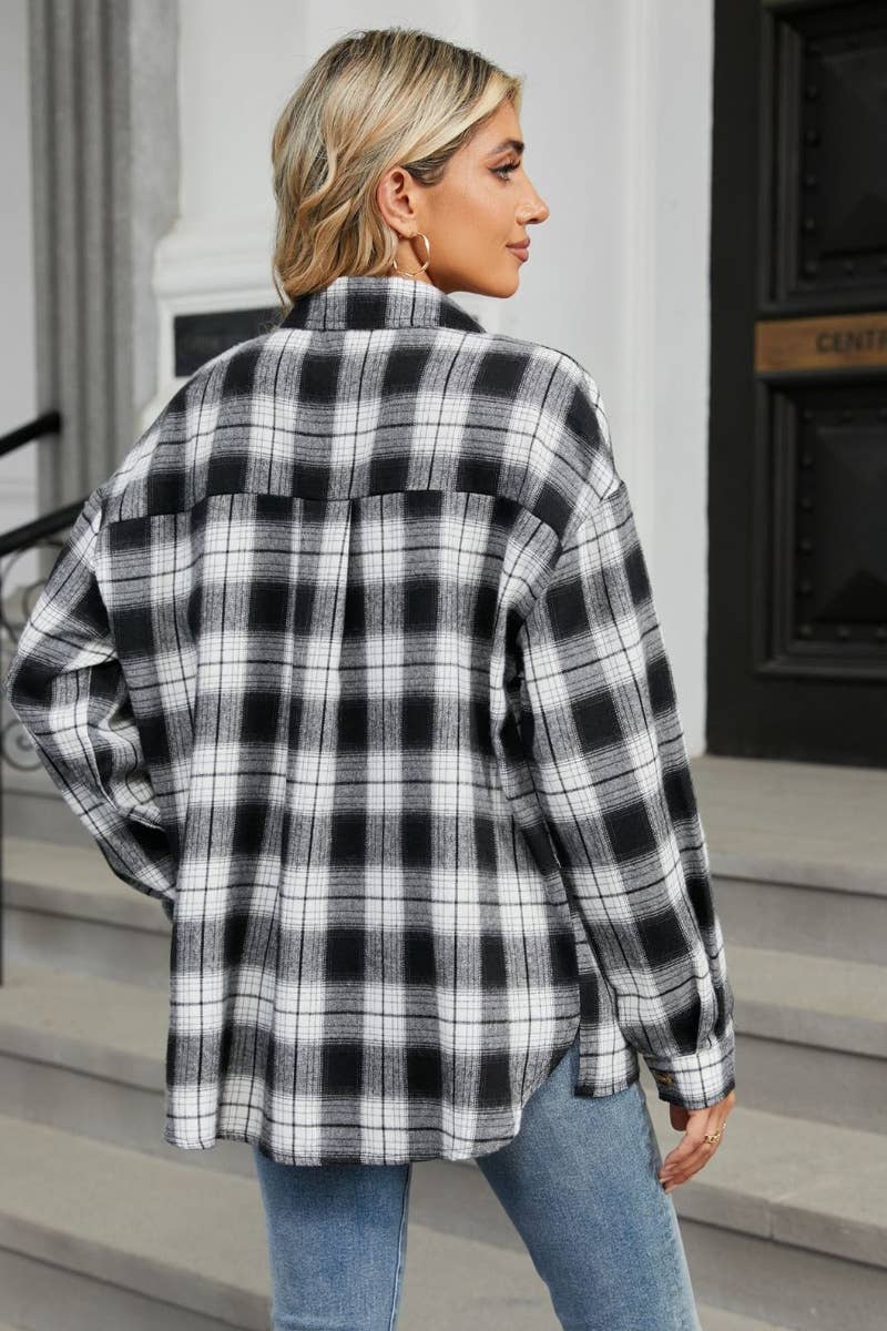 CWTSTL1711_STYLISH LONG SLEEVE POCKET PLAID SHIRT TOP