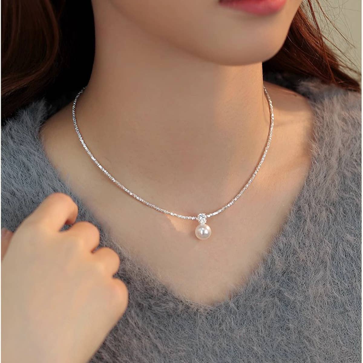 Broken silver beads pearl collarbone chain