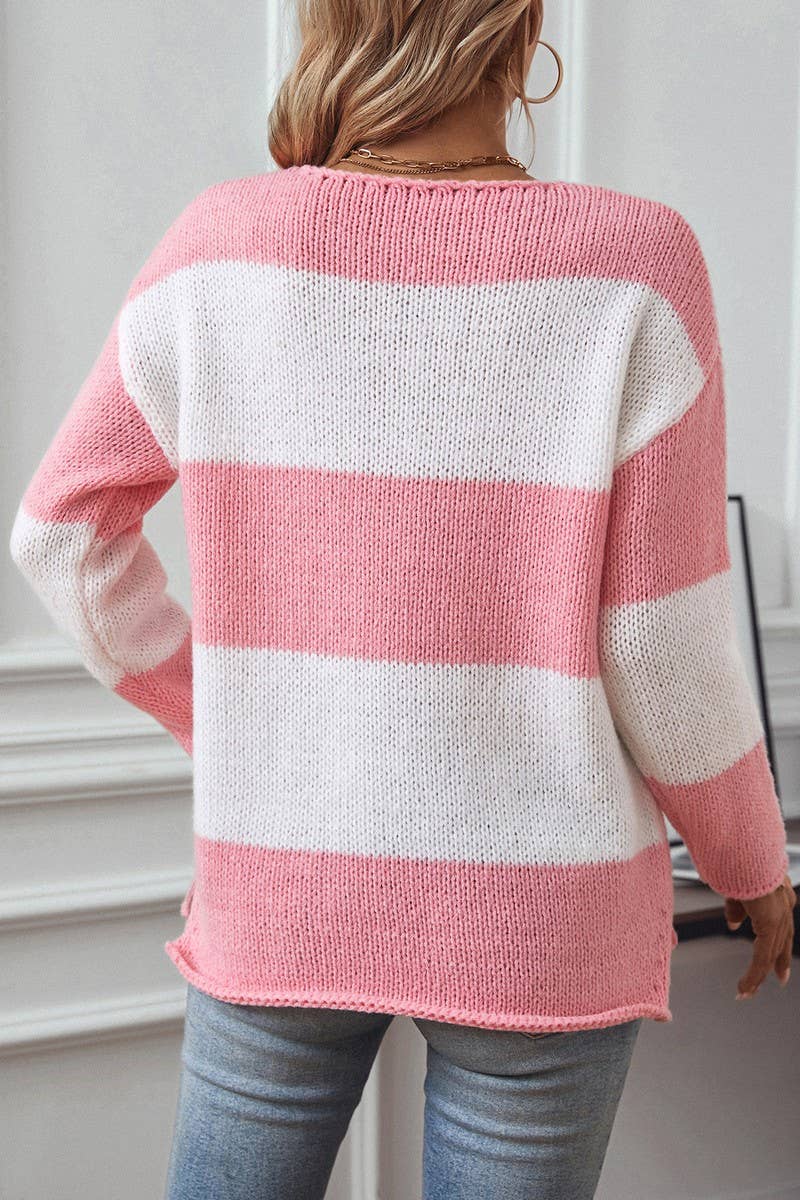 CWOSWL2930_STRIPED V-NECK OFF-THE-SHOULDER KNITTED SWEATER
