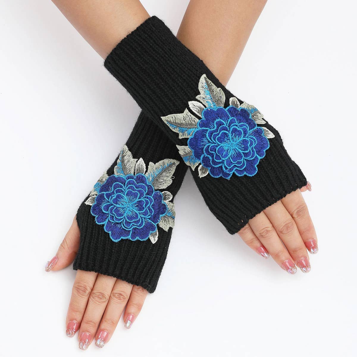FLOWER WARM KNITTED WOOL GLOVES AND SLEEVES_CWAG0109