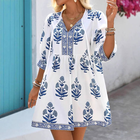 Casual plant printed straight short dress