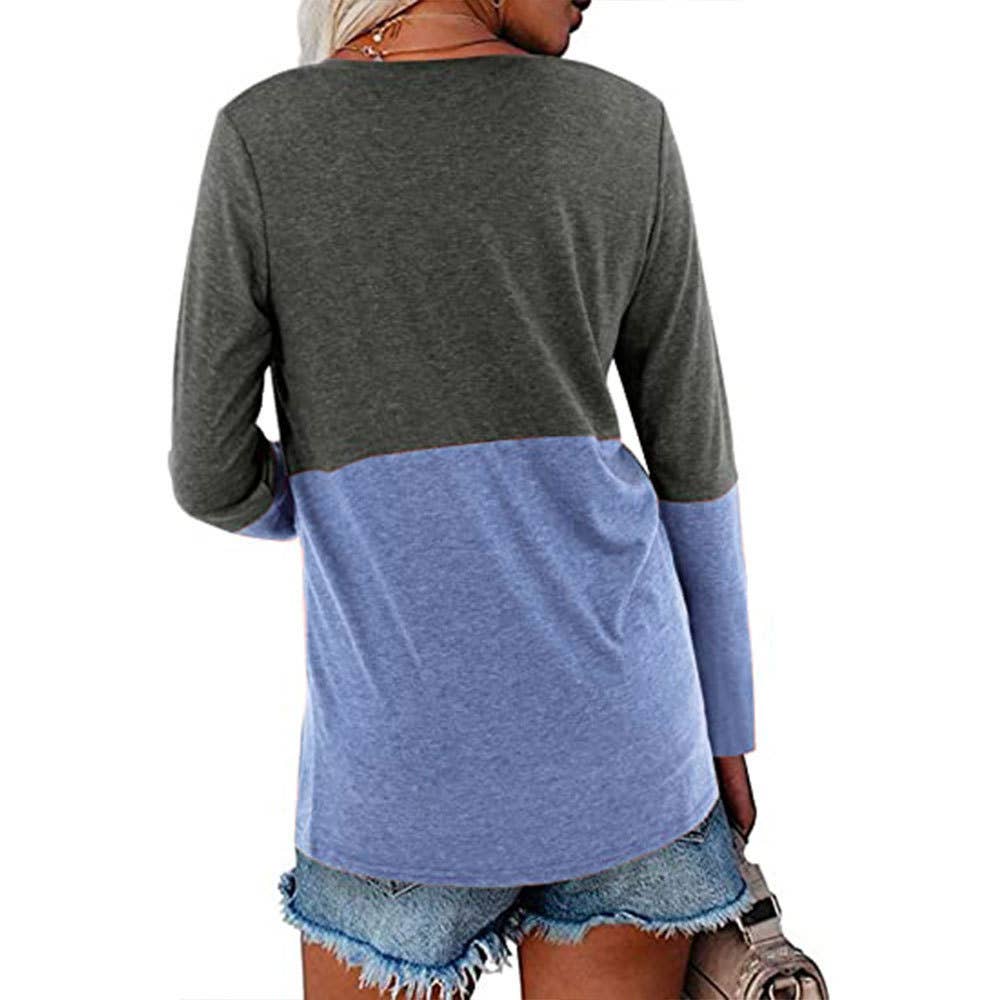 Color contrast patchwork V-neck long sleeve Tshirt