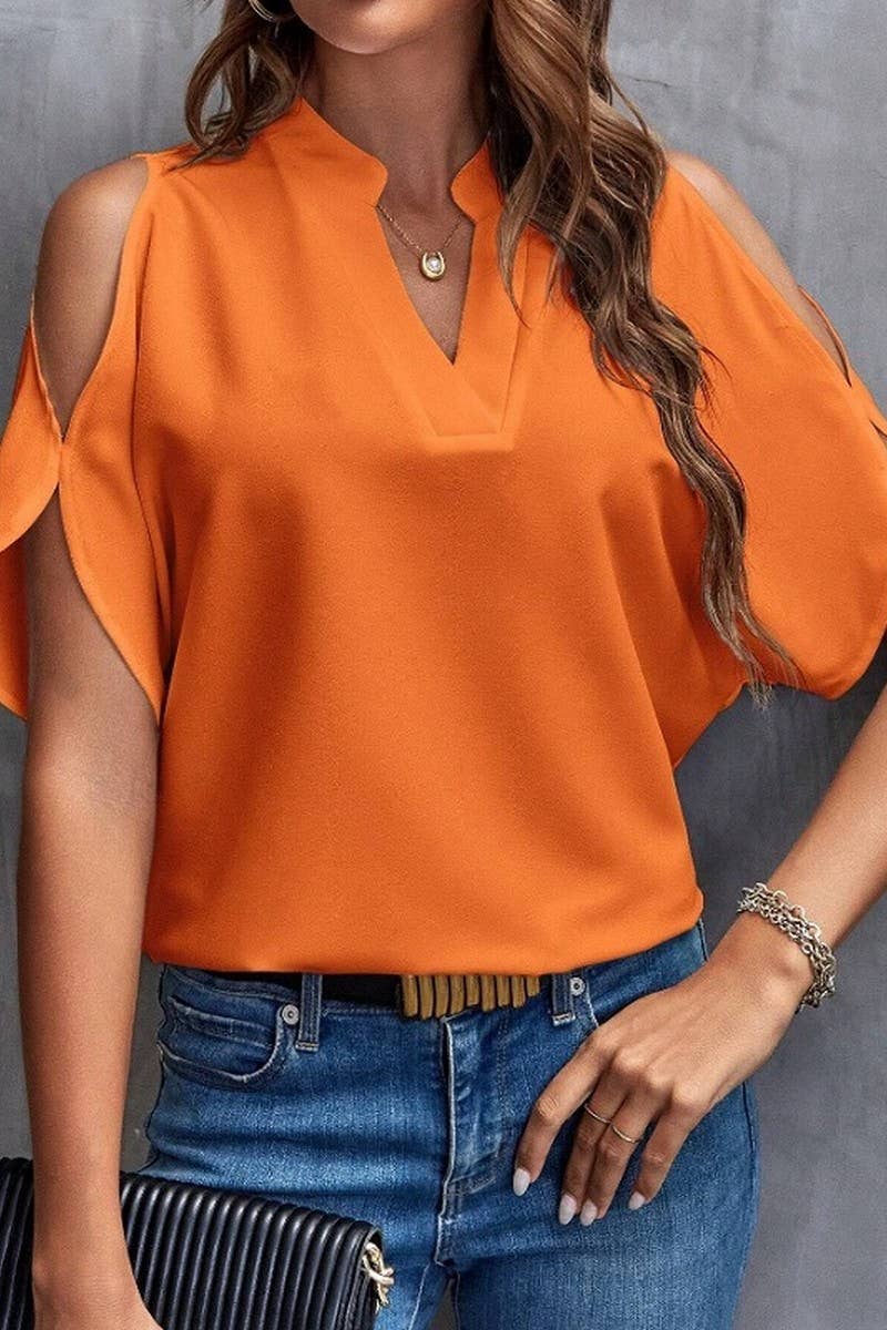 CWTBLS0609_SOLID COLOR V NECK OFF SHOULDER LOOSE CHIFFON TOP