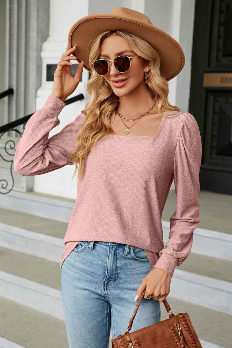 CWTBLL2832_AUTUMN SQUARE NECK JACQUARD LONG-SLEEVED TOP