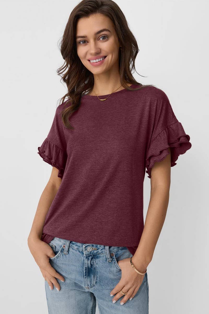 CWTBLS1620_SOLID COLOR ROUND NECK RUFFLE SLEEVE TOP