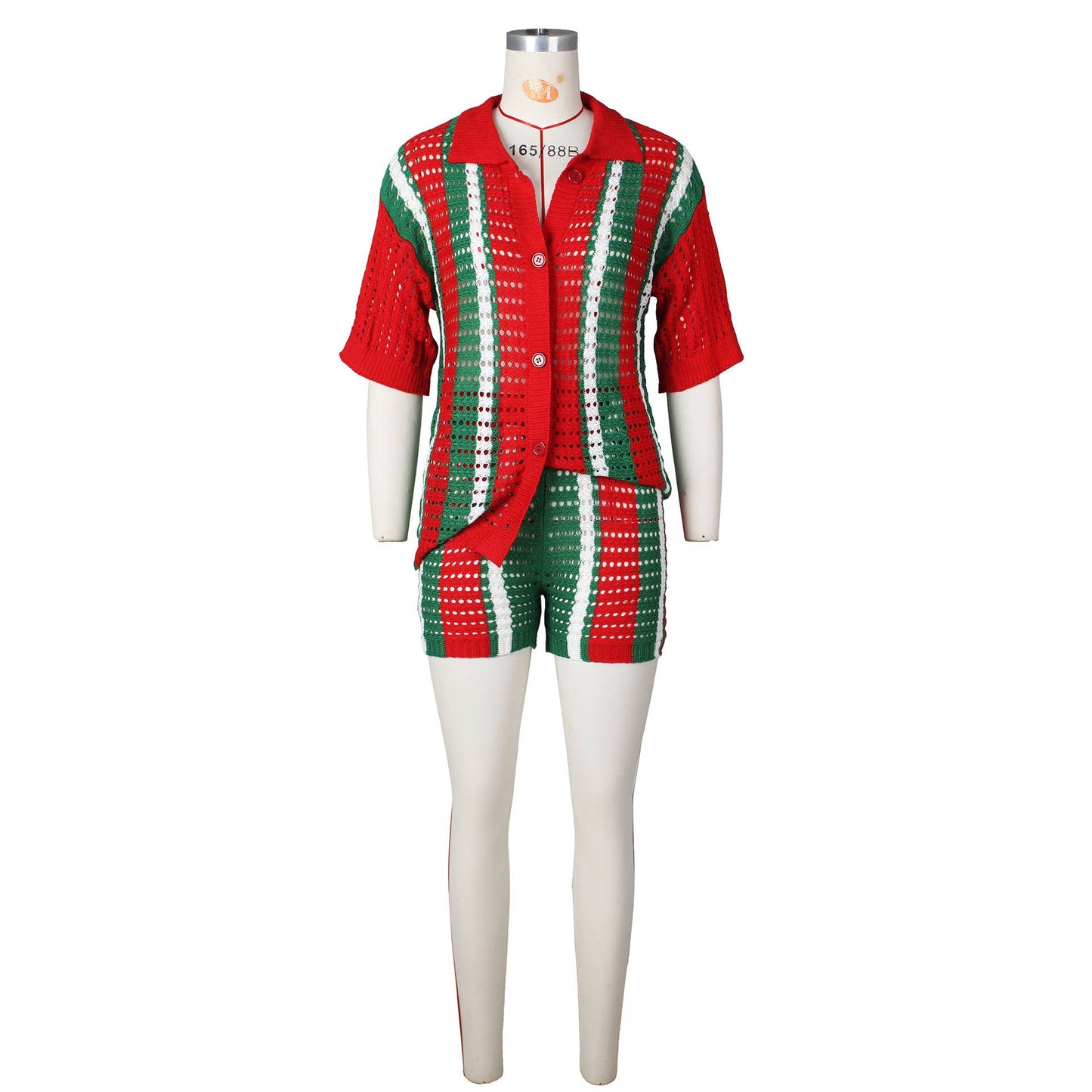 CUT-OUT SEE-THROUGH LAPEL KNIT SHORTS SET