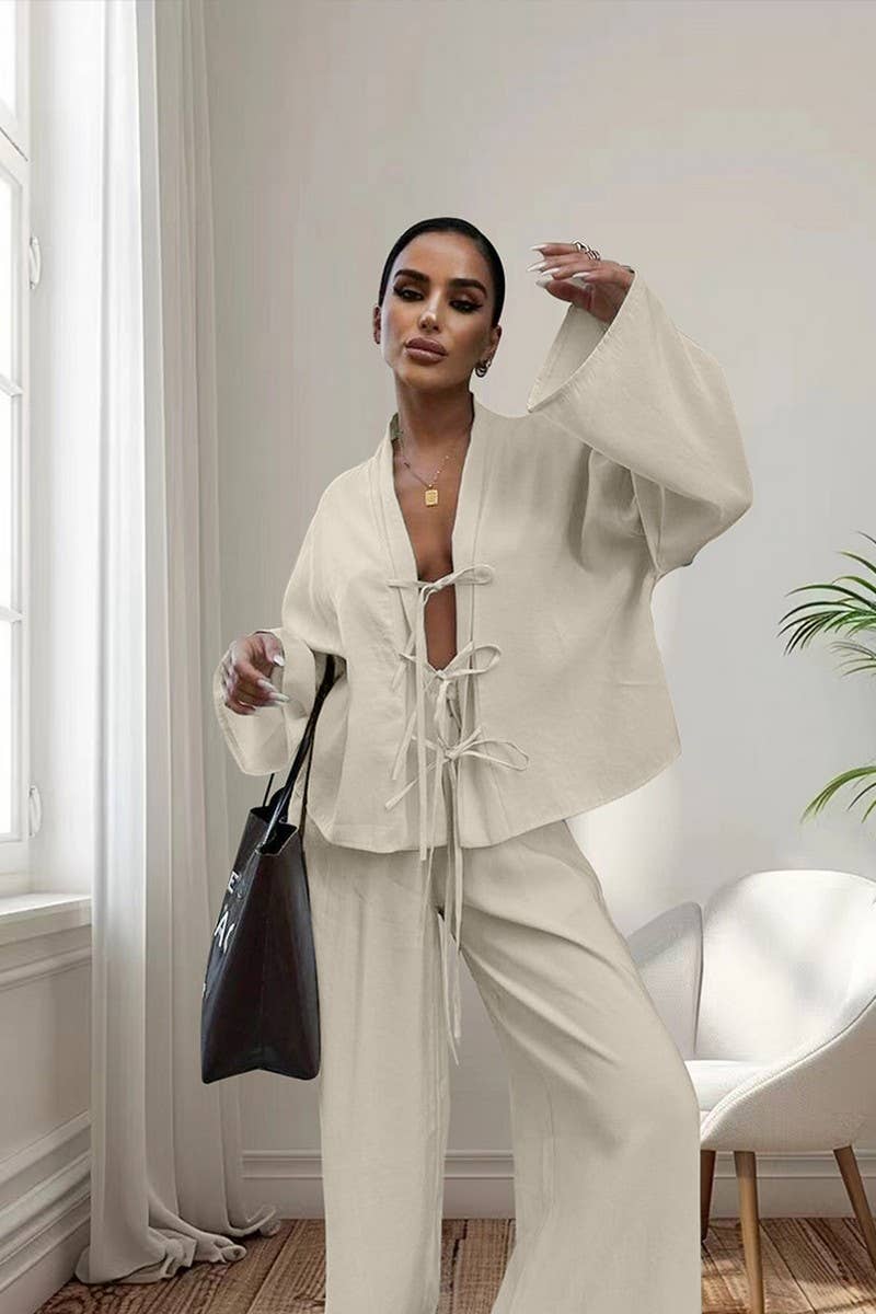 CWSPJ0370_SOLID COLOR LACE-UP CARDIGAN PAJAMA SET