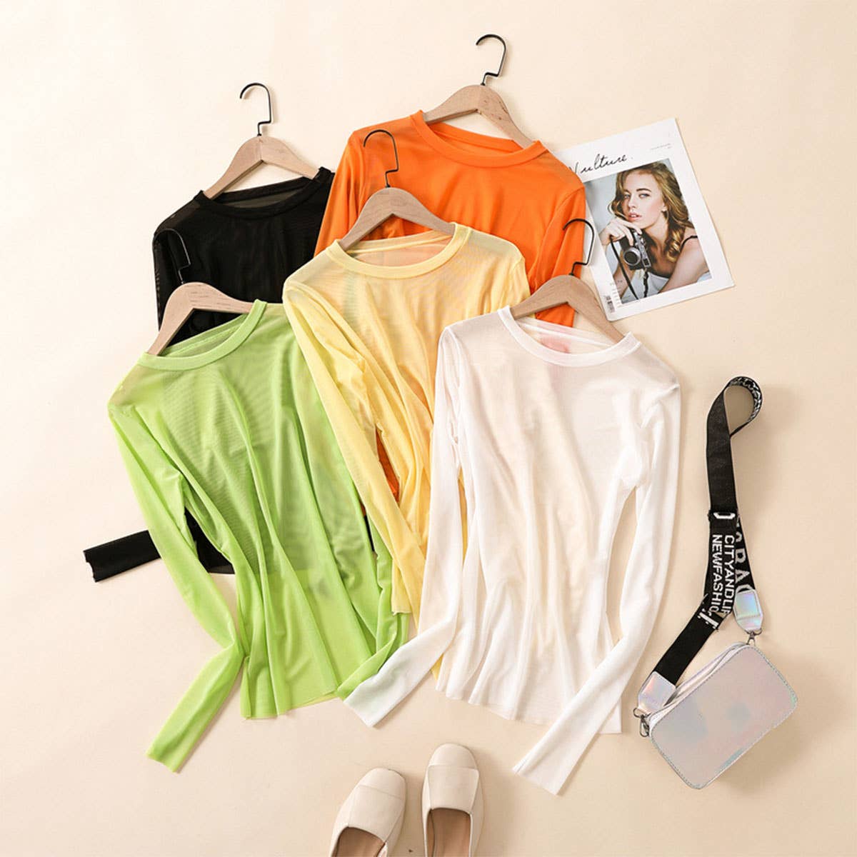 Candy Color Blouse - Long Sleeve Mesh Top_CWTBLL3620