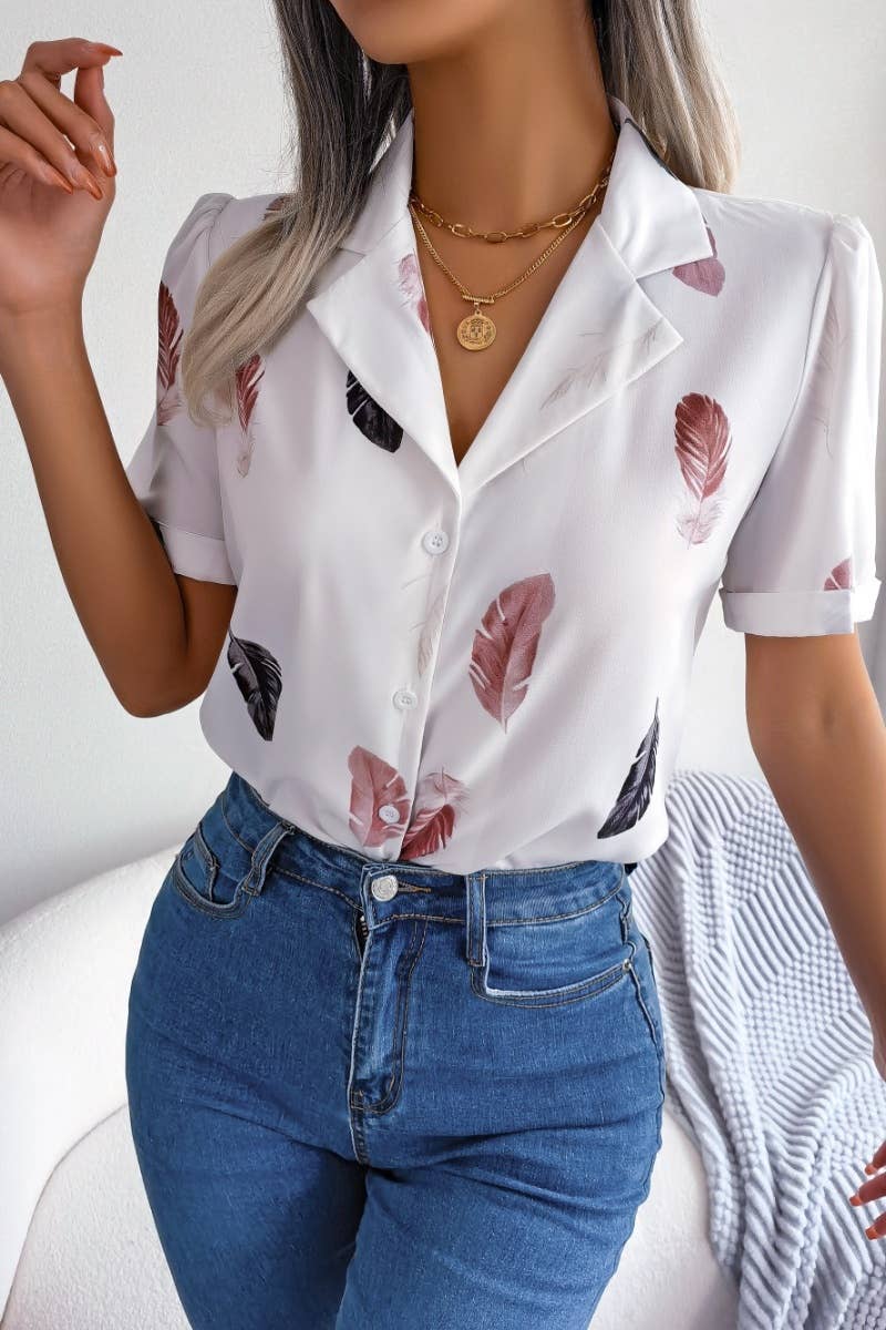 CWTDSS0051_SUIT COLLAR FEATHER LOOSE SHORT-SLEEVED SHIRT