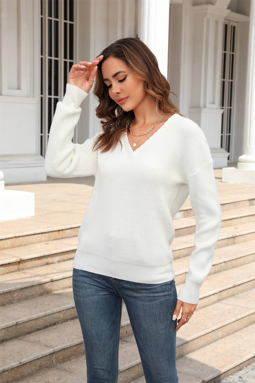 CWOSWL1034_ Long Sleeve V-neck Pullover Sweater