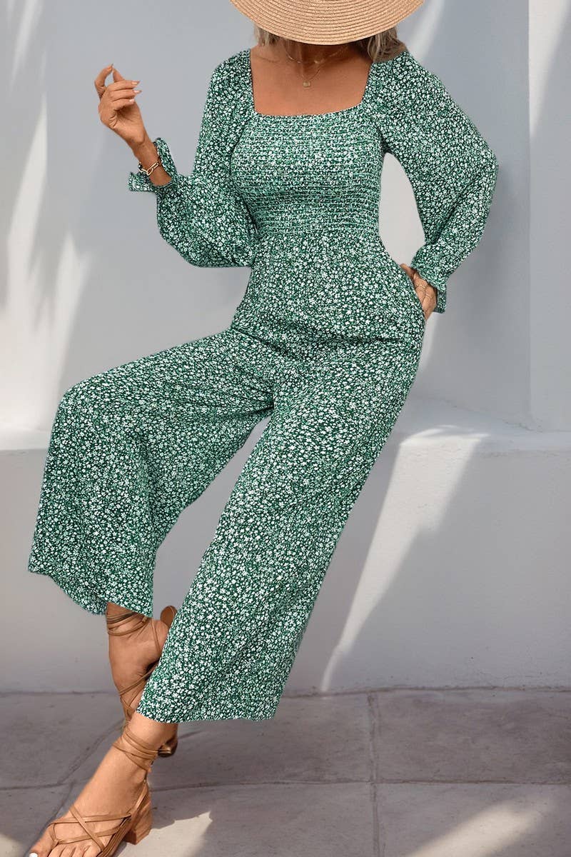CWSS1084_SQUARE NECK PUFF SLEEVE FLORAL JUMPSUIT
