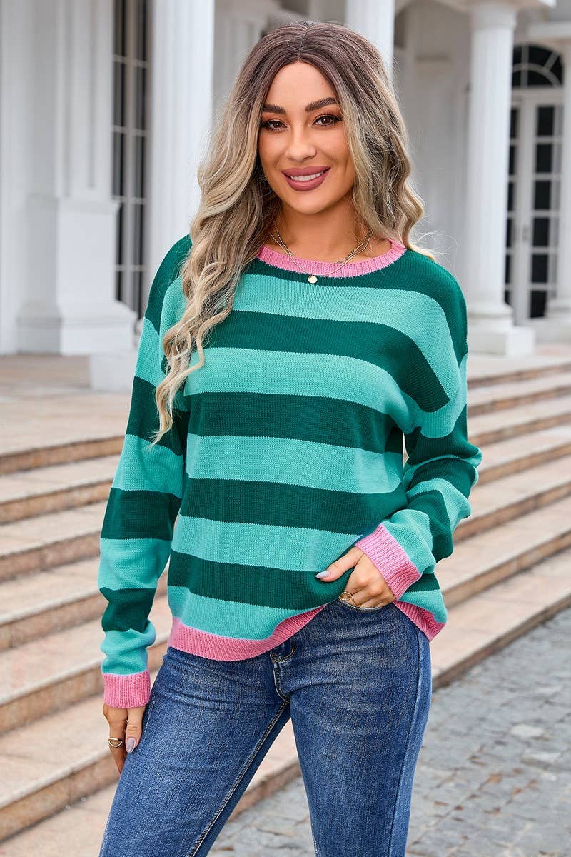 CWOSWL3111_STRIPED CONTRAST LONG-SLEEVED KNITTED PULLOVER