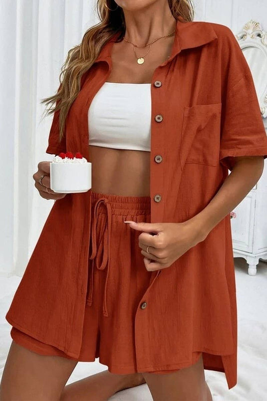 CWSS01309_FASHION SHORTS TWO PIECE SOLID COLOR SHIRT SET