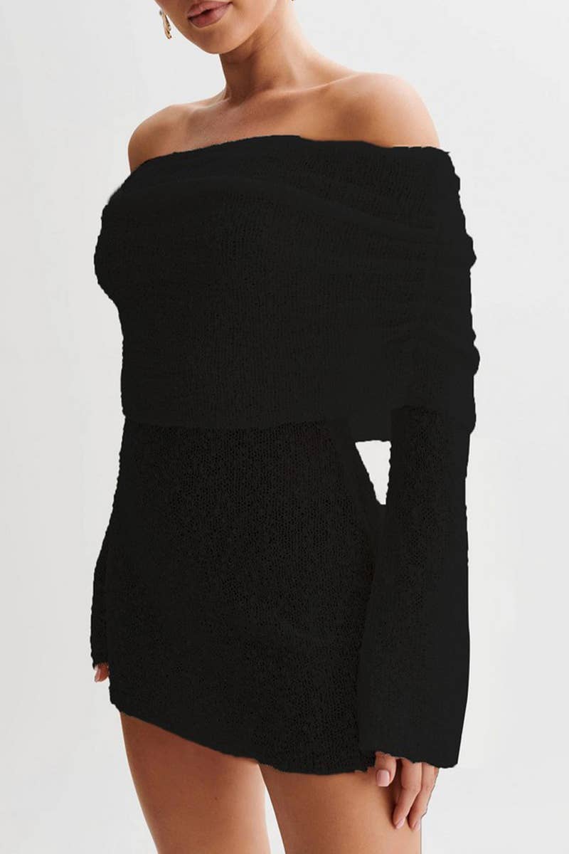 CWDSD7812_SHEER LONG SLEEVE ONE SHOULDER SHORT DRESS