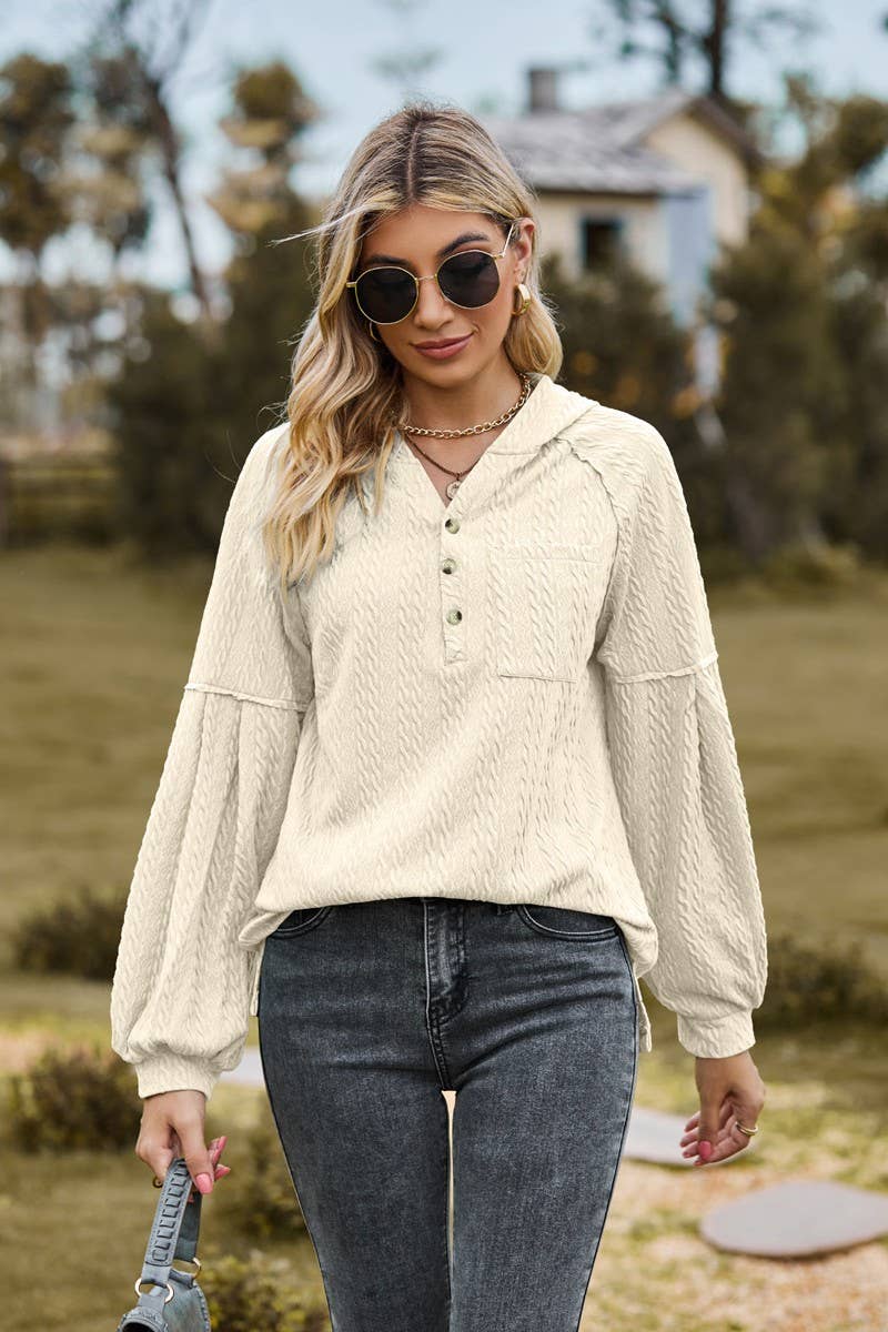 CWOHOL0738_BALLOON SLEEVE HOODED BUTTON LOOSE SWEATSHIRT