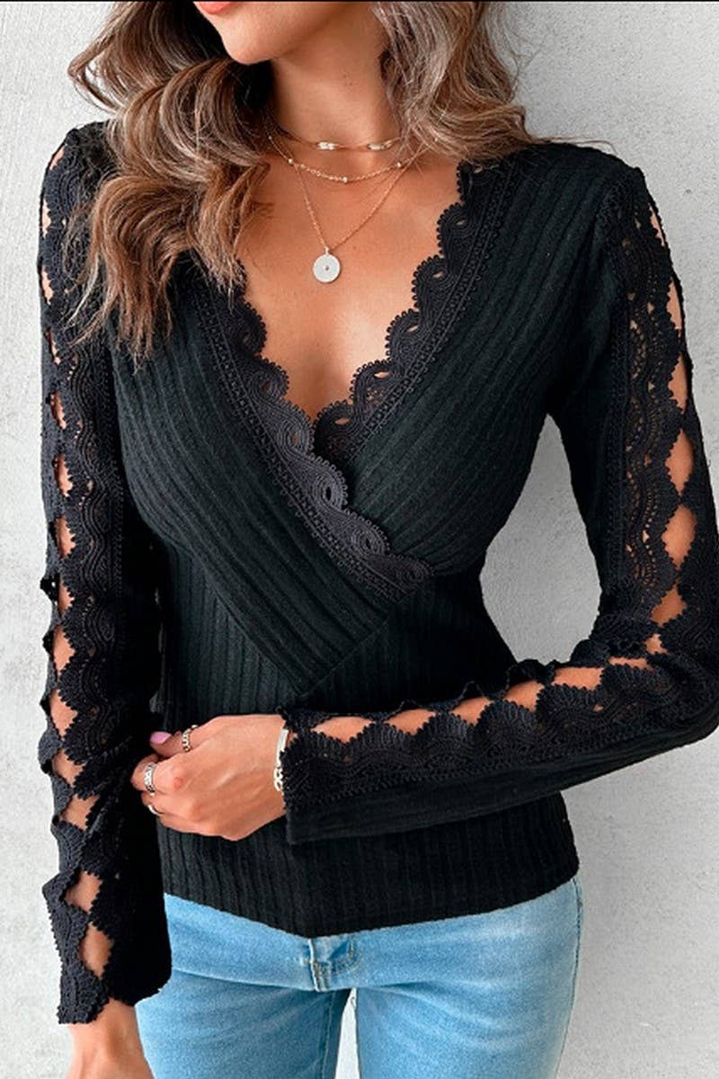 CWTBLL2811_SOLID COLOR V-NECK LACE SLEEVE SLIM FIT TOP
