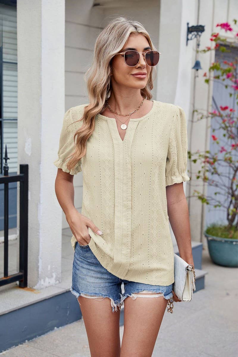 CWTBLS2276_V-NECK RUFFLE SLEEVE SOLID CASUAL T-SHIRT TOP