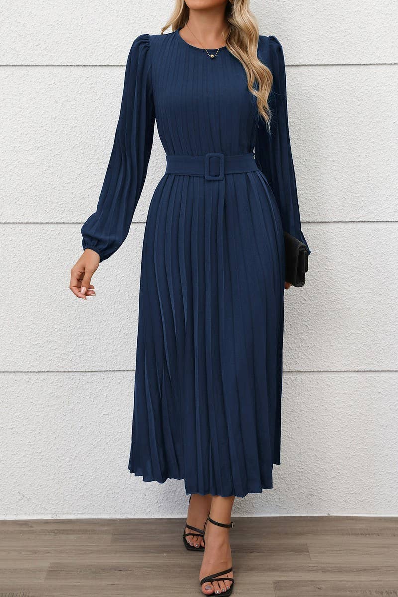 CWDMD01038_ELEGANT VINTAGE LONG SLEEVE PLEATED SOLID DRESS