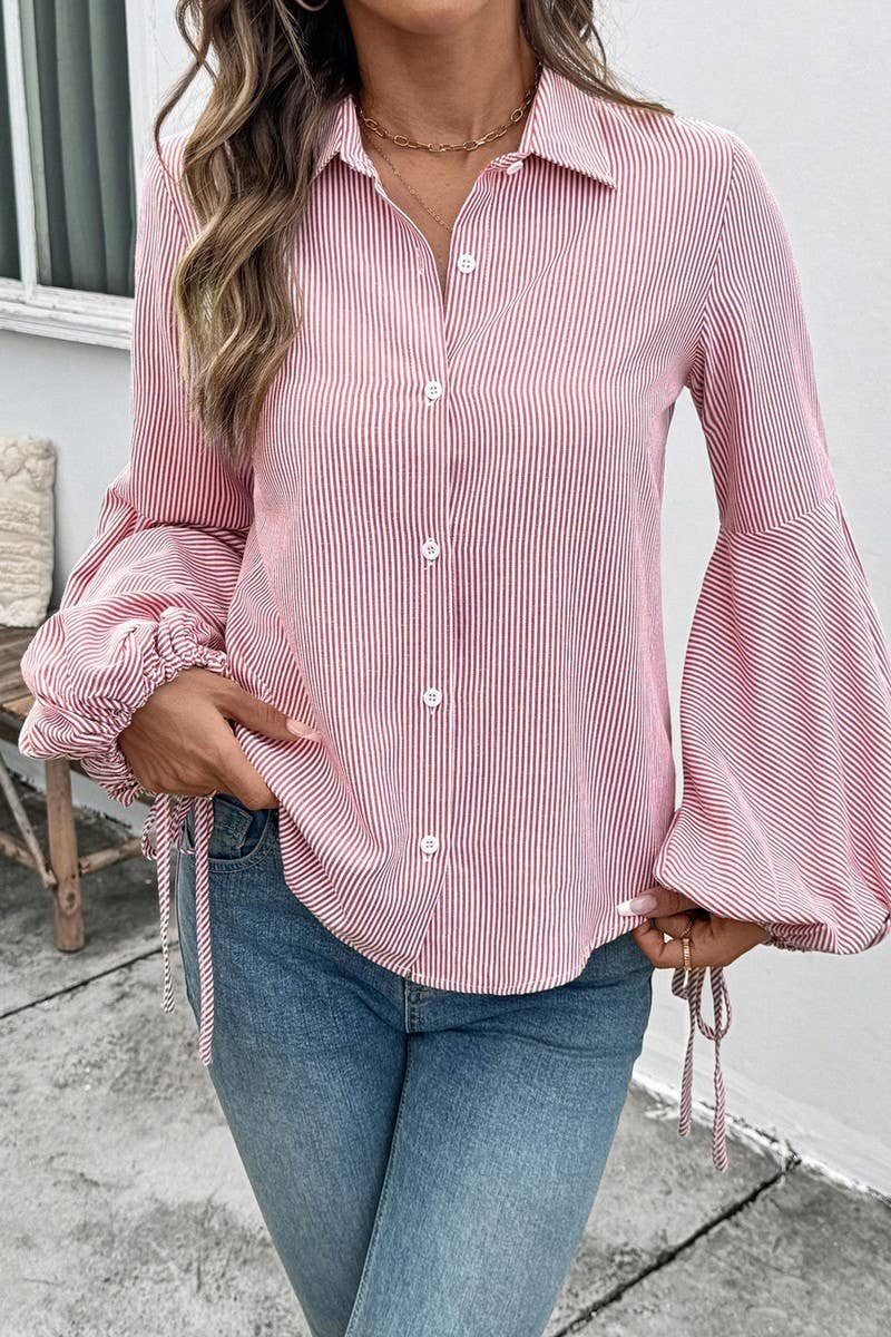 CWTSTL00964_STRIPED PATCHWORK LANTERN SLEEVE BLOUSE