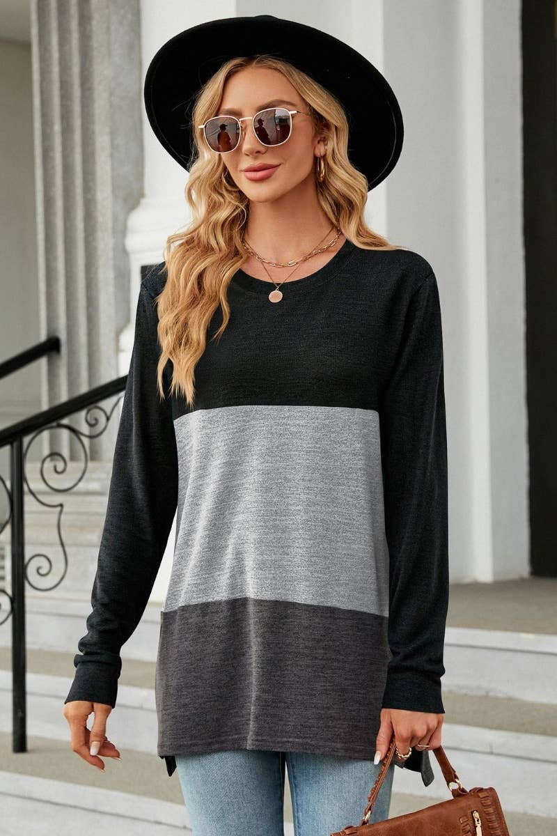 CWTBLL2818_CREW-NECK COLOR MATCHING LONG-SLEEVED TOP