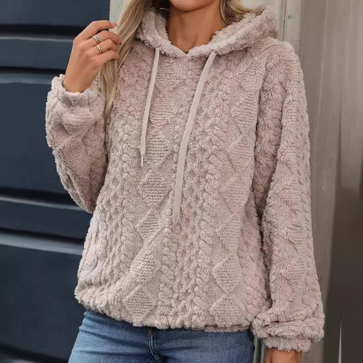 FLEECE JACQUARD FABRIC LONG-SLEEVED HOODED JUMPER