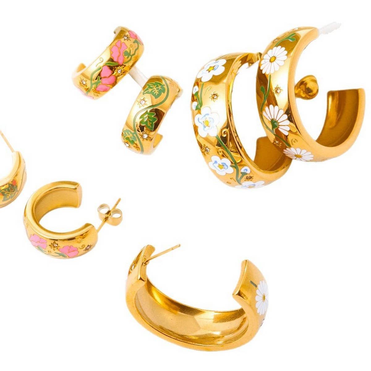 Enamel Floral Rose C Hoop Earrings Gold Stainless
