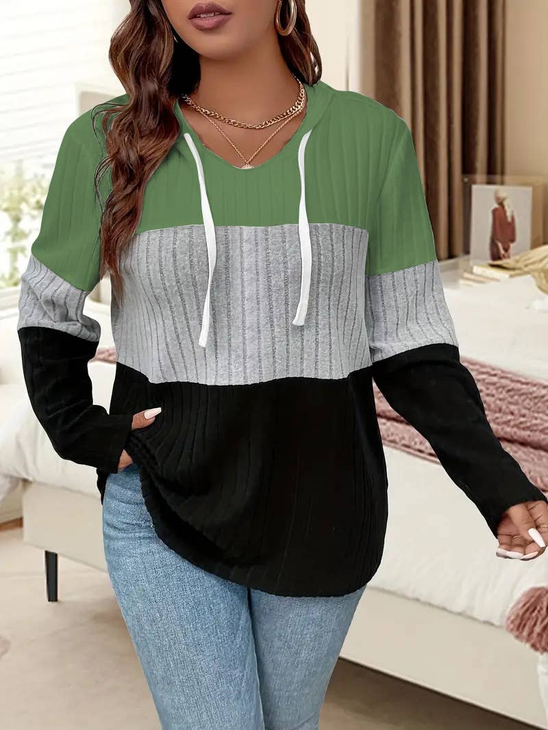 Contrast color round neck loose hooded sweater