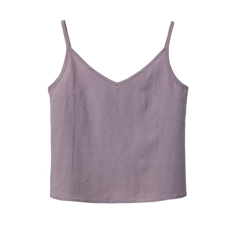 Cotton linen V-neck solid color loose halter top