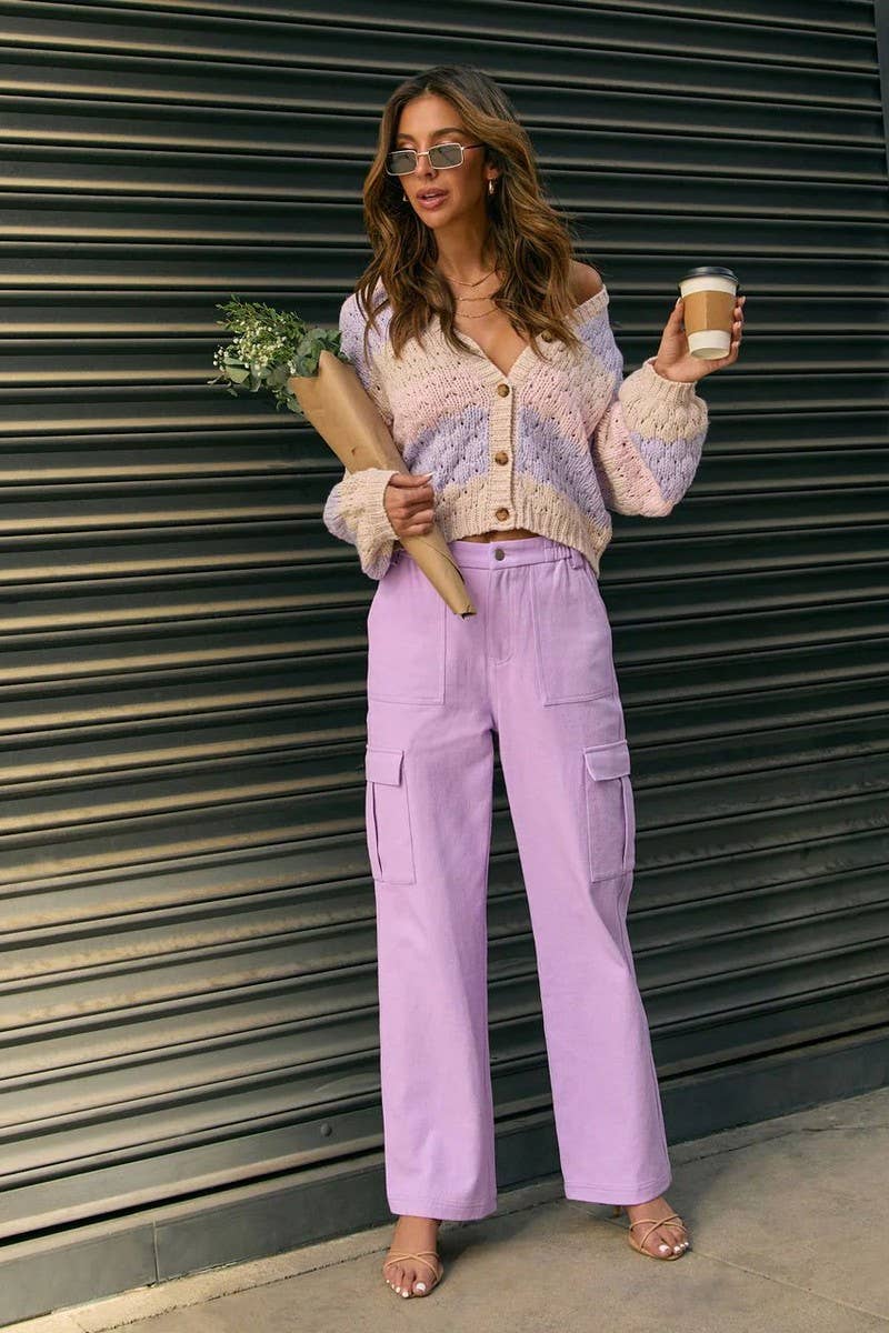 CWOCAL2358_COLORBLOCK V-NECK KNIT BUTTON CARDIGAN